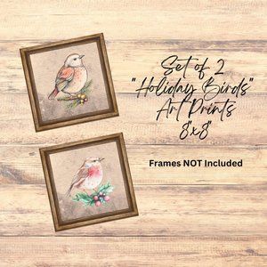 Set of 2 "Holiday Birds" Art Print Christmas, Home Decor, Wall Art,  NEW